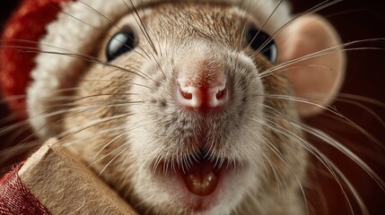 Festive joy with an adorable santa hat mouse spreading holiday cheer. Advertising photo. Charming rat baby in santa hat, surrounded by vibrant festive icons. Sharp image. Bright colors.