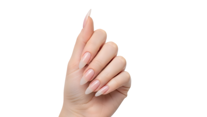 Woman's hand with long almond shaped colored nails isolated on a transparent background long nails almond shaped nails
