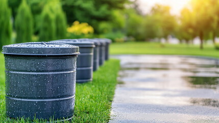 A serene park scene featuring rain-soaked trash bins lined along a pathway, surrounded by lush greenery under soft sunlight.