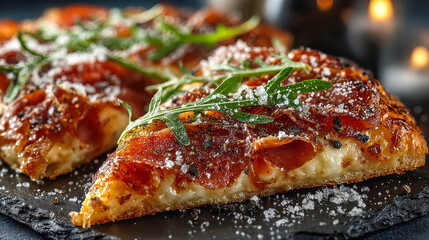 A crisp pizza slice topped with thin cured meat, melted cheese, and fresh arugula is sprinkled with coarse salt, creating a rich, savory close-up scene