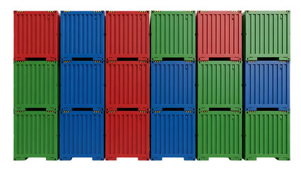 Stacked colorful cargo containers in red blue and green isolated on a transparent background stacked containers