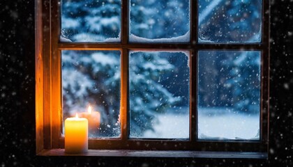 Naklejka premium Two warm glowing candles on a rustic wooden windowsill illuminate a frosty window looking out at a peaceful snowy winter forest during a blizzard at night