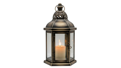Antique brass lantern with a lit candle inside showcasing intricate metalwork and glass panels isolated on a transparent background