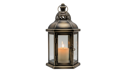 Antique brass lantern with a lit candle inside showcasing intricate metalwork and glass panels isolated on a transparent background