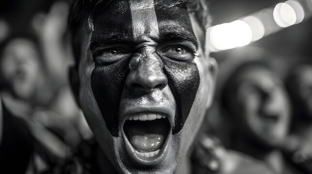 A monochrome image captures the raw emotion of a sports fan, face painted, eyes wide, yelling passionately, a beacon of zealous excitement.