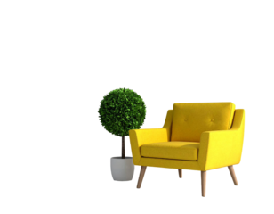 Gelber Sessel mit Pflanze – modernes 3D-Interior - PNG