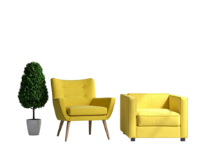 Gelber Sessel mit Pflanze – modernes 3D-Interior - PNG