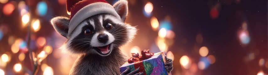 Charming raccoon cub with a cheerful smile welcomes the holiday spirit. Blockbuster poster. A winter wonderland: delightful raccoon with gift and snowy scenery. Advertising photo.