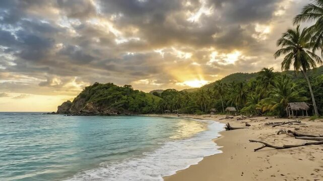 A breathtaking panoramic view of a secluded tropical beach bathed in the warm, golden glow of a setting or rising sun. Dramatic clouds fill the sky, pierced by radiant sunbeams that cascade light acro