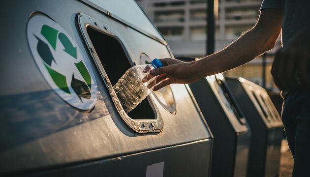 Man's hand throwing a used plastic bottle into a public recycling bin with a green symbol during a warm sunset in an urban environment