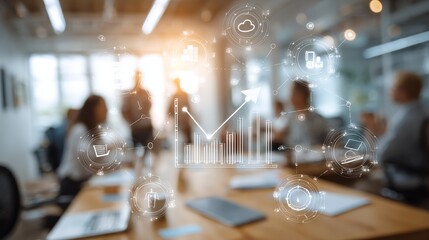 People collaborating during a business meeting in a modern office. Surrounded by futuristic overlay of data analytics processing. Digital technology. And corporate growth charts