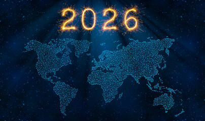World Map on Blue Night Sky with New Year 2026 Fireworks