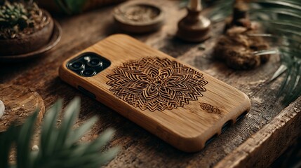 Bamboo eco friendly case with engraved floral mandala high resolution picture
