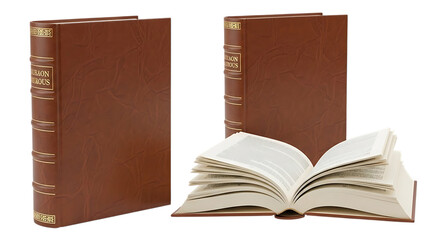 Two brown leather-bound books with gold embossed titles and one open book revealing white pages with text isolated on a transparent background