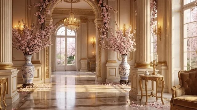 A breathtakingly elegant and opulent grand hall bathed in the soft, warm glow of morning sunlight. This luxurious interior features classic architectural elements like tall fluted columns, ornate gold