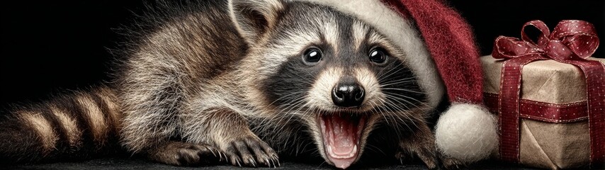 Enchanting christmas card with a playful raccoon and festive gifts. Artistic distortion. A winter wonderland: delightful raccoon with gift and snowy scenery. Daring imagery. Grotesque style.