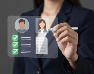 Businesswoman selecting profile icon with stylus