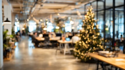 Modern open plan office space featuring a sparkling christmas tree and festive string lights, creating a warm, blurred holiday atmosphere as people work in the background