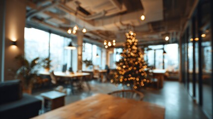 Modern office interior featuring a blurred christmas tree adorned with warm lights, reflecting a festive atmosphere for holiday celebrations in a contemporary workspace