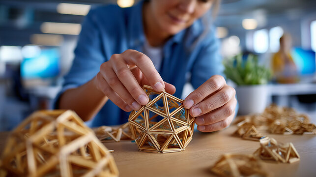Hands arranging wooden sticks in geometric pattern on table, problem-solving exercise, collaborative puzzle activity, business strategy workshop, teamwork demonstration, creativity
