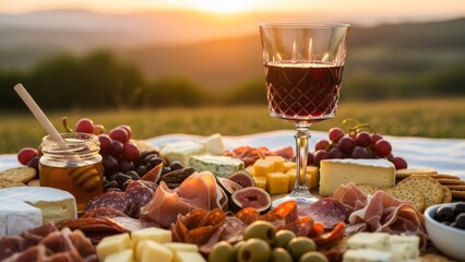 Gourmet charcuterie picnic board with red wine at sunset. Outdoor spread of cheeses, cured meats, fruits, honey, and olives in scenic mountain landscape