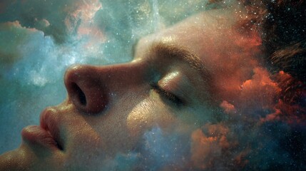 Woman's peaceful face blending with cosmic nebula and shimmering stars, symbolizing dreams, inner universe, spiritual awareness, and creative thought flowing in tranquility