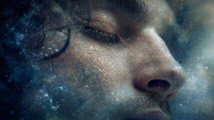 Man peacefully sleeping with his face superimposed over a starry night sky, visualizing cosmic dreams, imagination, and mystical connection to the galaxy