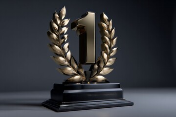 Golden first place numeral flanked by laurel wreaths rests upon a dark pedestal