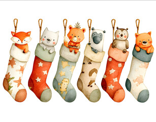 christmas stockings with cute characters watercolor clipart png on a white background no mockup