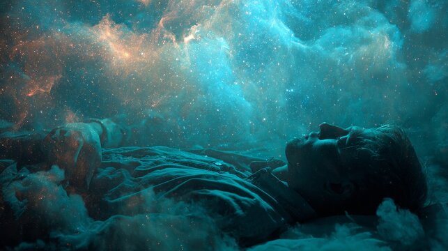 Man dreaming, immersing in a cosmic nebula, experiencing deep sleep in a surreal space environment, surrounded by stars and abstract universe concept