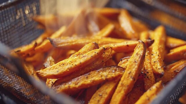 A captivating close-up shot of freshly prepared, golden-orange root vegetable fries, glistening with seasoning and emitting gentle wisps of steam, indicating they are hot and ready to eat. Each fry is