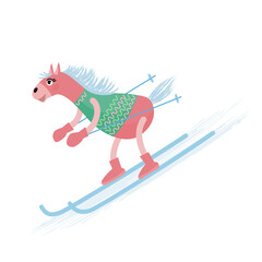 Pink horse sliding downhill on skis. Cute festive illustration.  Playful holiday character in flat style, perfect for Christmas, New Year, celebrations, cards, and kids designs.