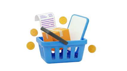 Online Shopping Basket with Smartphone, Coins, and Receipt