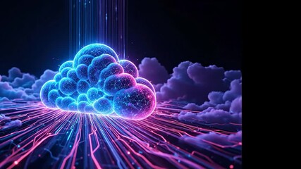 Neon cloud computing visualization with flowing data streams and glowing connections. - Powered by Adobe