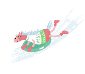 Cute festive illustration of a pink horse sliding downhill on a snow tube. Playful holiday character in flat style, perfect for Christmas, New Year, celebrations, cards, and kids designs.