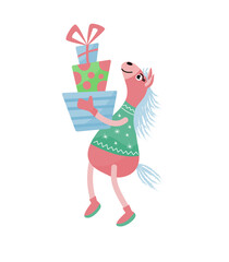 Cute festive illustration of a pink horse carrying gift boxes. Playful holiday character in flat style, perfect for Christmas, New Year, celebrations, cards, and kids designs.