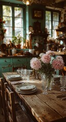 Elegant rustic dining table set with floral arrangements and natural light by large windows, creating a warm, romantic atmosphere for celebrations, events, and refined interior styling.