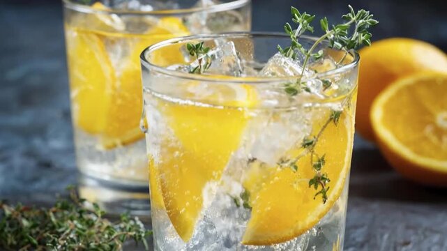 A captivating close-up showcases two tall glasses brimming with a clear, effervescent beverage, sparkling with numerous rising bubbles. Each drink is elegantly garnished with bright, vibrant orange sl
