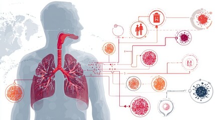 Human body infographic illustrating the respiratory system and lungs with viral infection pathways, global spread, medical treatment, and prevention concepts