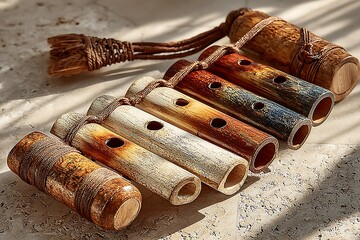 Bamboo flutes arranged with rocks high resolution picture