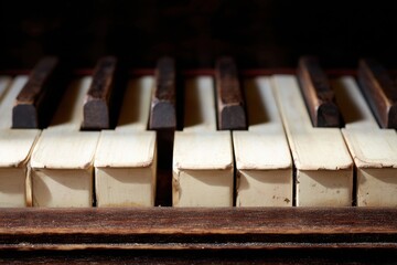 Close-up of aged ivory and ebony piano keys showing wear from years of musical practice and performance