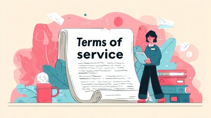 Woman navigating digital regulations, understanding terms of service, user privacy policy, legal contracts, and online agreements for website access and data usage