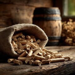 Bamboo fuel pellets spilled from jute sack high resolution picture