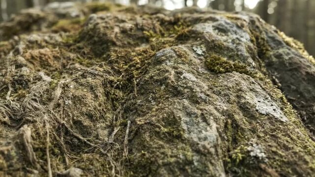A captivating macro shot reveals the intricate, textured surface of a moss-covered rock, teeming with life in a natural outdoor setting. Vibrant green moss intertwines with patches of earthy brown dri