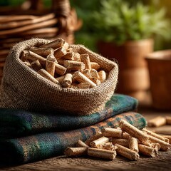 Bamboo natural biomass pellets in jute sack high resolution picture