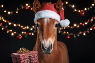 Holiday joy in equine form: a cute horse with a santa hat. Concept art. Santa hat adorned foal holding gift amidst holiday decorations. Lifestyle shot. Studio portrait.