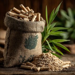 Bamboo natural fuel pellets with wheat background high resolution picture