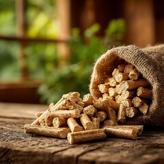 Bamboo organic fuel pellets in natural sack high resolution picture