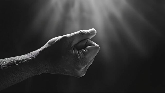 Dramatic monochrome close-up of a hand reaching through light.
