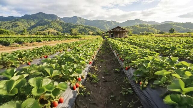 A captivating wide shot showcases a vibrant agricultural field stretching into the distance, filled with meticulously arranged rows of flourishing strawberry plants. Numerous ripe, red strawberries pe